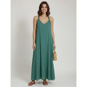 Garnet Hill Green Cotton Voile Maxi Dress S Halter Racerback Summer Sundress